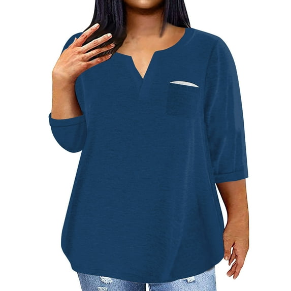ADSSDQ 3/4 Sleeves Womens Plus Size Tunic Tops Casual Summer Plain Elbow Length Vneck Tshirts Shirts For Women Funny With Pocket Fall Workout Clothes Dark Blue 3XL