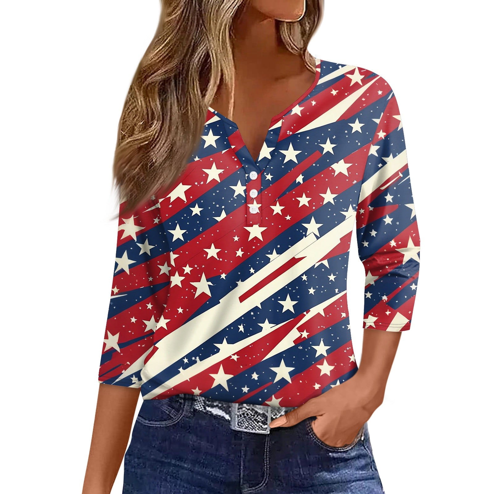 ADSSDQ 4th of July Shirts Women American Flag 3/4 Sleeve Tops Henley V ...
