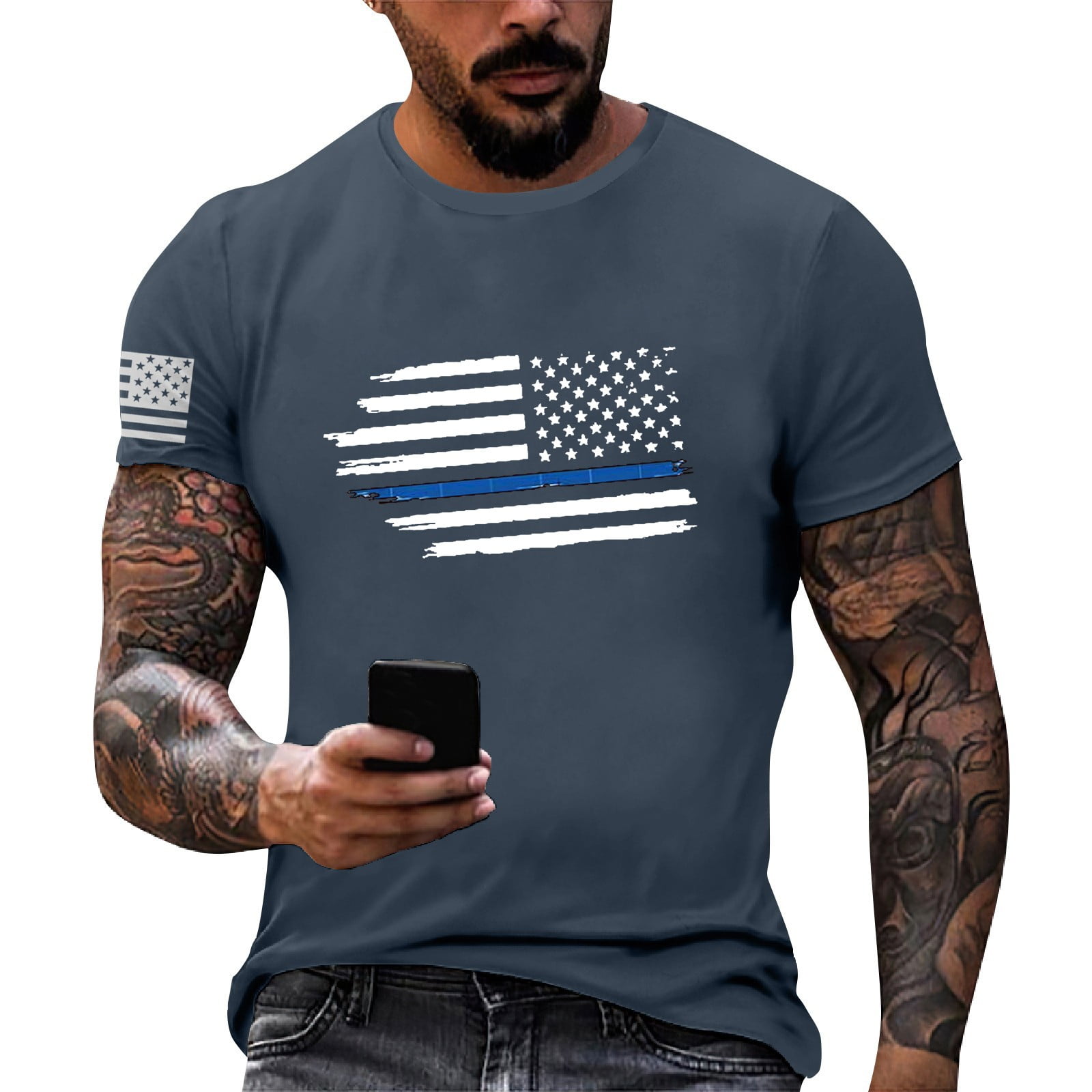 HYFOL Men's American Flag Graphic T-Shirt - 100% Cotton Patriotic Short Sleeve Tee, Medium Blue