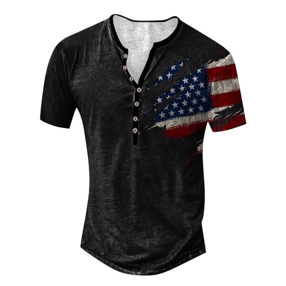 ADSSDQ American Flag Shirts for Men Retro Patriotic Graphic Short Sleeve Button-Down Henley Shirt Funny 4th of July T-Shirt Black M