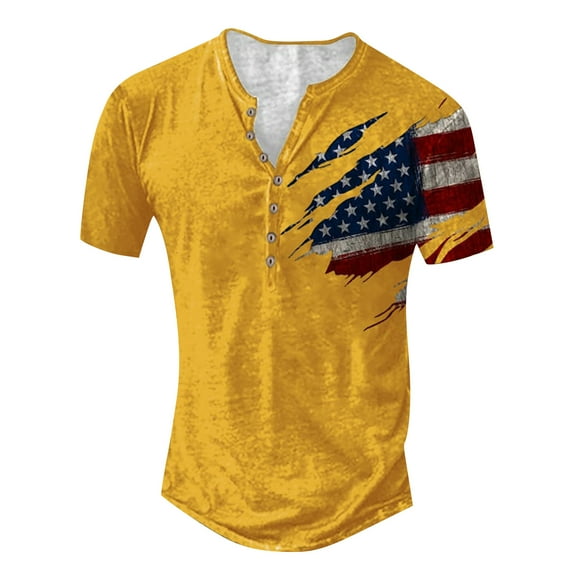 ADSSDQ Mens Distressed Henley Shirts Retro Short Sleeve Tee Shirts Casual Button Down Washed T-Shirts for Men Yellow XL
