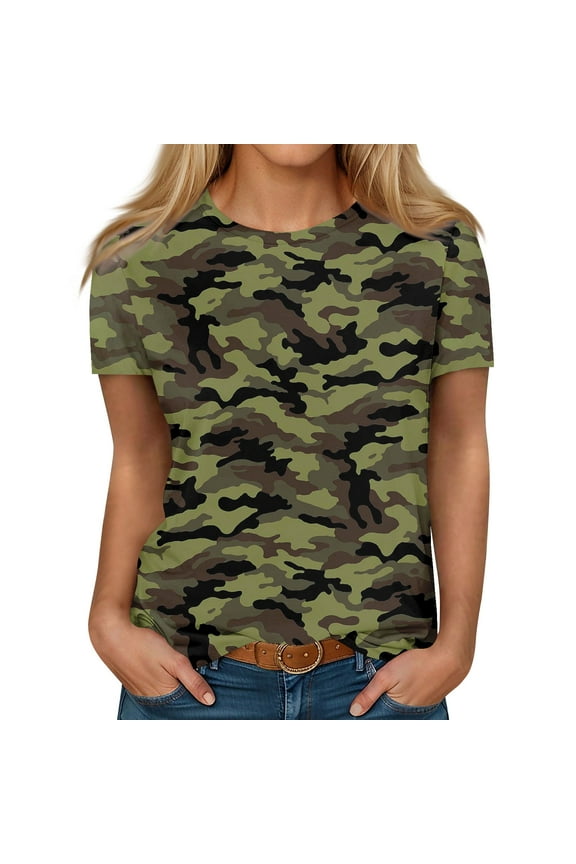 Basic Tops For Woman Short Sleeve O-Neck Maternity Shirt Funny Tunic Tops For Women Spring Camouflage Print Girls T Shirts Business Casual Clothing Dark Green S