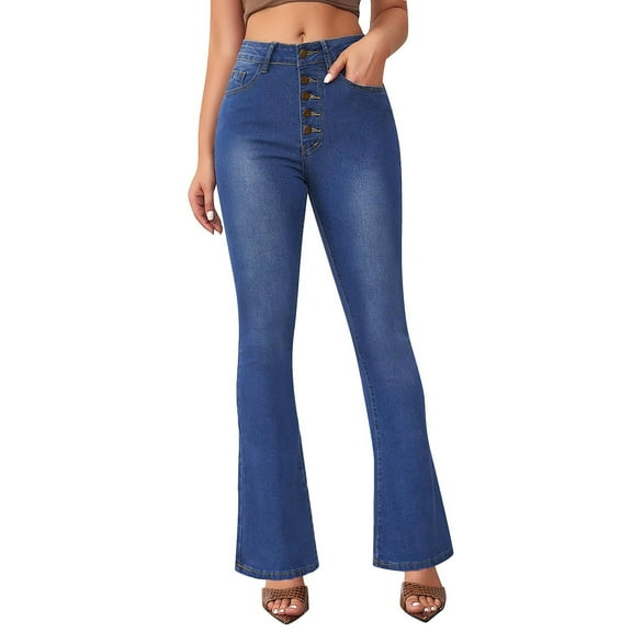ADSSDQ Flare Jeans for Women Women's Bootcut Bell Bottom Jeans High Waisted Stretch Slimming Button Up Denim Pants with Pockets Blue XL