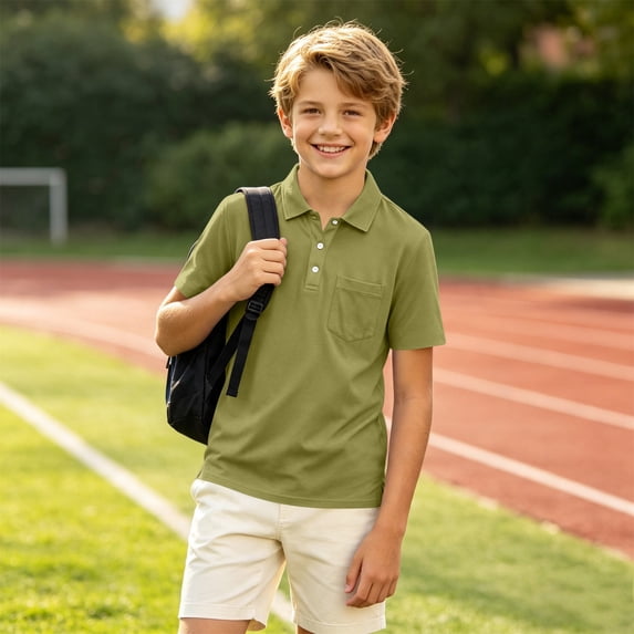 ADSSDQ Boys Soft Short Sleeve Polo T-Shirt Youth Breathable Collared Shirts With 3-Button Classic Casual Tee Tops Size 2-15T