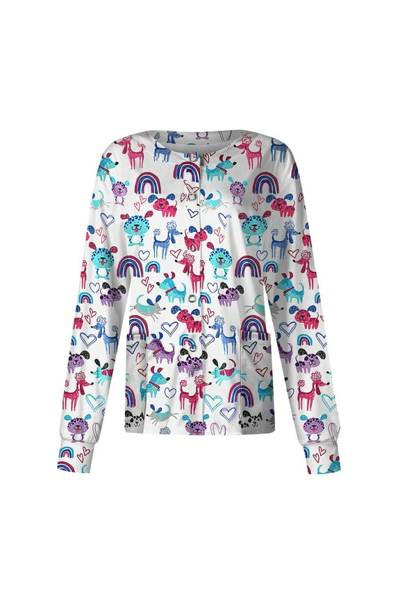 Button Down Long Sleeve Scrub Jackets for Women Cute Printed Scrub Tops Snap Front Medical Nurse Scrubs Loose Working Uniform summer Summer Workout Casual Scrub Shirts