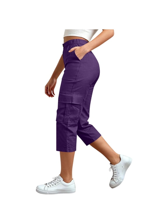 Cargo Capris for Women Summer Casual Loose Capri Pants Plus Size High Waisted Button Cropped Pant with Pockets 2026 Purple M