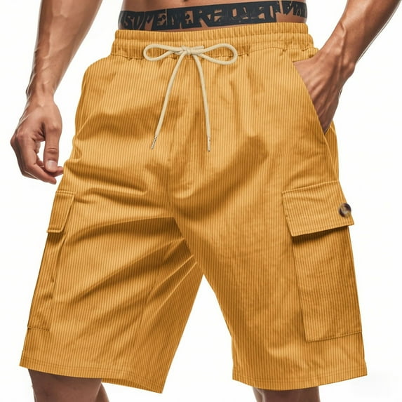 ADSSDQ Cargo Shorts for Men Elastic Waist Drawstring 9 Inch Inseam Corduroy Shorts Beach Board Lounge Hippie Vacation Shorts with Multi Pockets Earthy Yellow XL