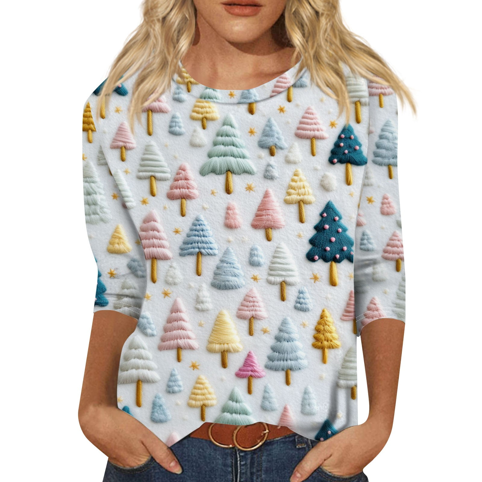 ADSSDQ Christmas Shirts for Women 2024 3/4 Sleeve Tops for Women Funny