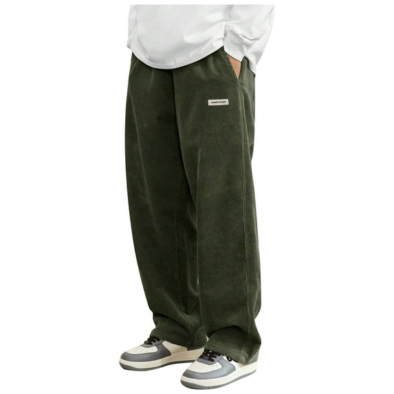 ADSSDQ Corduroy Pants Men Relaxed Fit Drawstring Elastic Waist Baggy Chino Pants Wide Leg Pants Twill Slacks with Pockets Army Green S