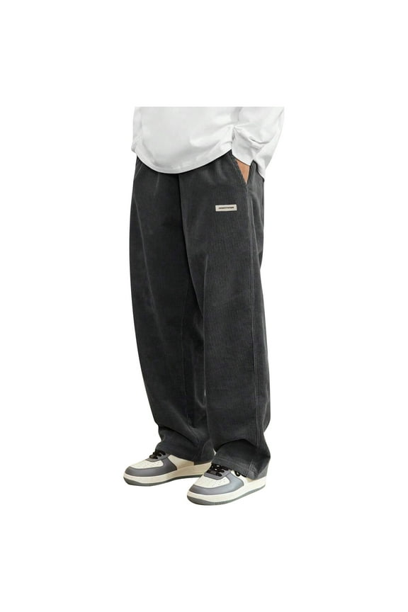 Corduroy Pants Men Relaxed Fit Drawstring Elastic Waist Baggy Chino Pants Wide Leg Pants Twill Slacks with Pockets Dark Gray M