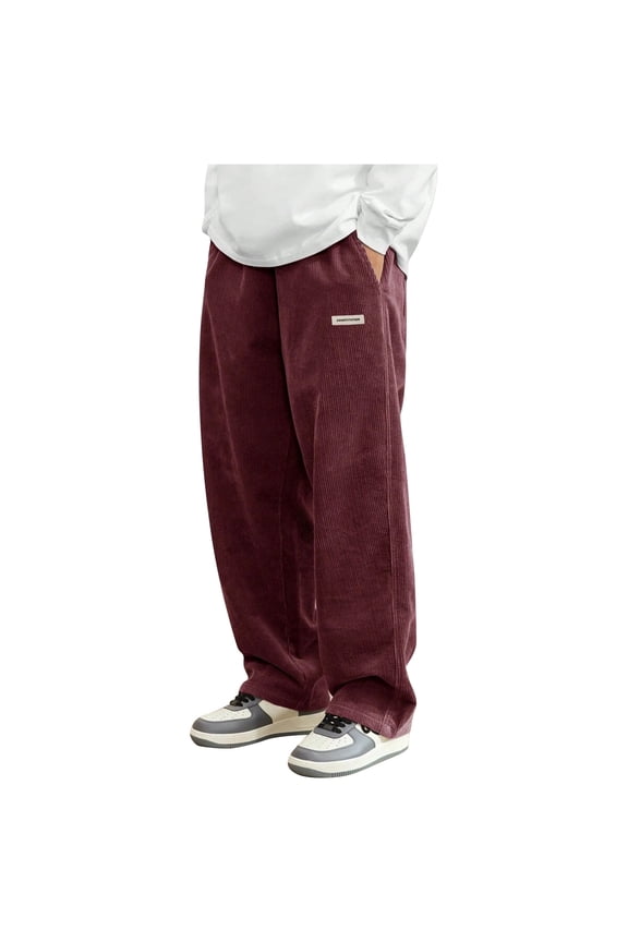Corduroy Pants Men Relaxed Fit Drawstring Elastic Waist Baggy Chino Pants Wide Leg Pants Twill Slacks with Pockets Wine L