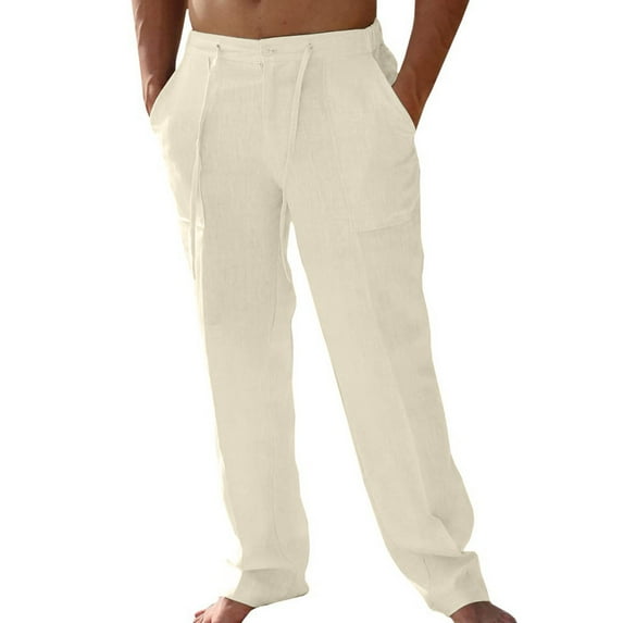 ADSSDQ Cotton Linen Cargo Pants for Men Summer Casual Elastic Waist Pants with Pockets Relaxed Fit Beach Yoga Travel Lounge Pants Beige S