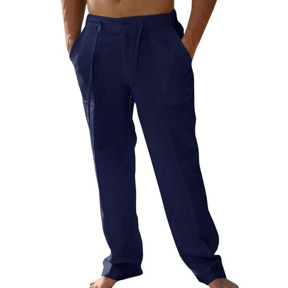ADSSDQ Cotton Linen Cargo Pants for Men Summer Casual Elastic Waist Pants with Pockets Relaxed Fit Beach Yoga Travel Lounge Pants Dark Blue L