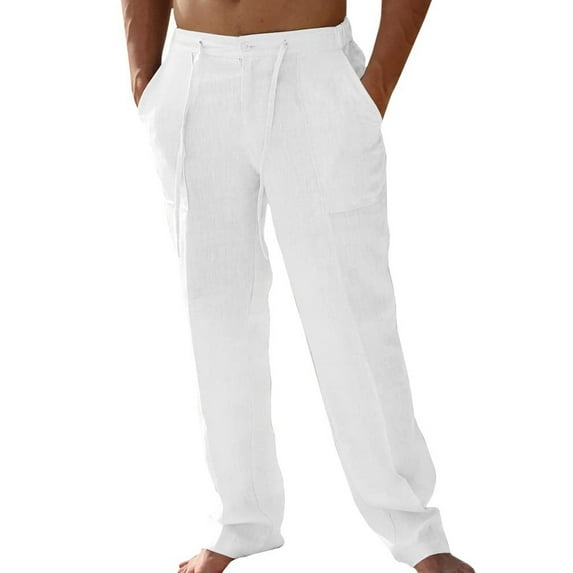 ADSSDQ Cotton Linen Cargo Pants for Men Summer Casual Elastic Waist Pants with Pockets Relaxed Fit Beach Yoga Travel Lounge Pants White 2XL