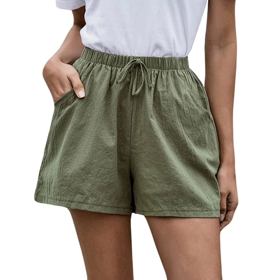 ADSSDQ Cotton Linen Shorts Women Plus Size Elastic Waist Drawstring Summer Beach Shorts with Pockets Casual Solid Color Pant Army Green XL