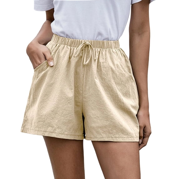 ADSSDQ Cotton Linen Shorts Women Plus Size Elastic Waist Drawstring Summer Beach Shorts with Pockets Casual Solid Color Pant Khaki M