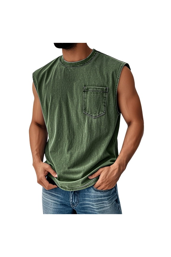 Cotton Men's Big and Tall Sleeveless Tank Tops Muscle Shirts Gym Casual Workout Tees with Pocket Army Green M