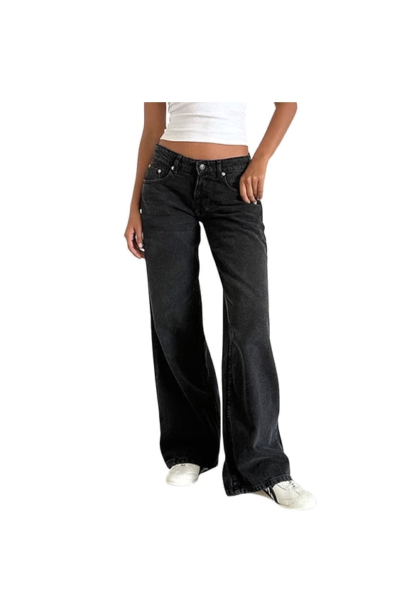 Denim Jeans for Women Straight Wide Leg Low Rise Baggy Jeans Loose fit Boyfriends Jeans Y2K 90S Long Denim Pants with Pockets Black L