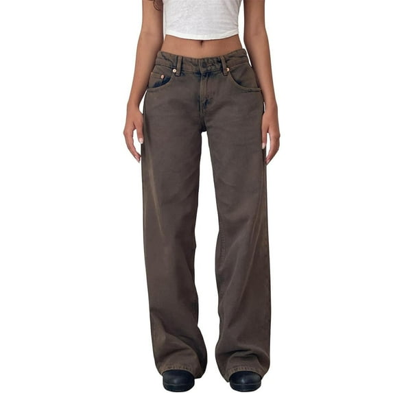 ADSSDQ Denim Jeans for Women Wide Leg Jeans Low Waist Baggy Jeans for Women Loose Boyfriends Jeans Denim Pants Y2K 90S Streetwear with Pockets Brown XL