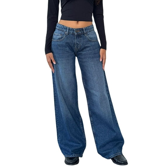 ADSSDQ Denim Jeans for Women Straight Wide Leg Low Rise Baggy Jeans Loose fit Boyfriends Jeans Y2K 90S Long Denim Pants with Pockets Royal Blue S