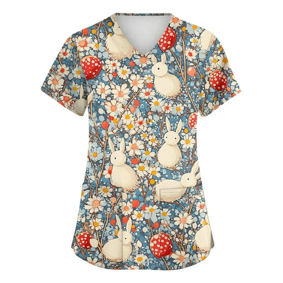 ADSSDQ Easter Bunny Scrub Tops for Women Plus Size Short Sleeve Nursing Uniforms Funny V Neck Medical Scrub Shirts Funny Bunny Rabbit Print Scrub Tops with Pockets Gray 2XL