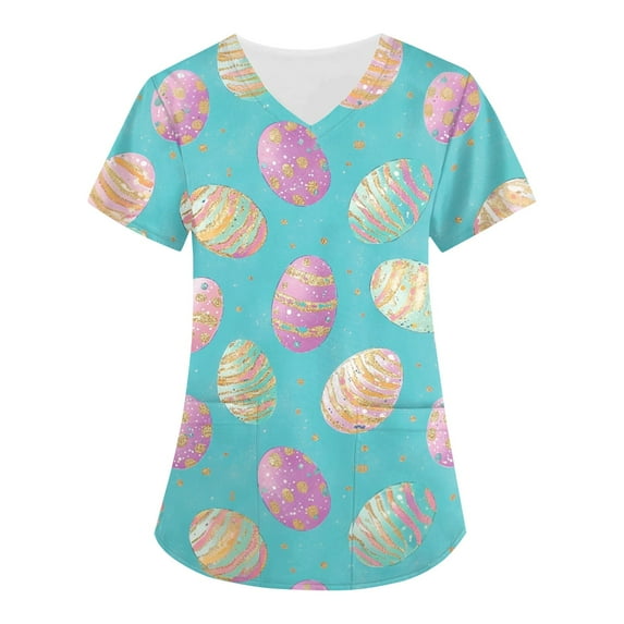 ADSSDQ Easter Scrub Tops Women 2025 Bunny Egg Hunt Print Short Sleeve V Neck Scrubs Holiday Nurse Uniforms with 2 Pockets Sky Blue S