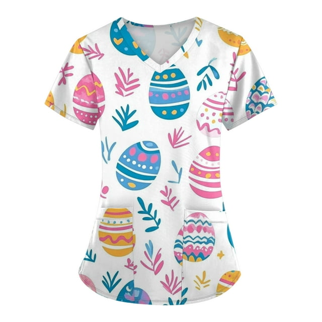 ADSSDQ Easter Scrub Tops Women Cute Bunny Print Scrub Tops Short Sleeve Holiday Working Uniform with Pockets Hot Pink L