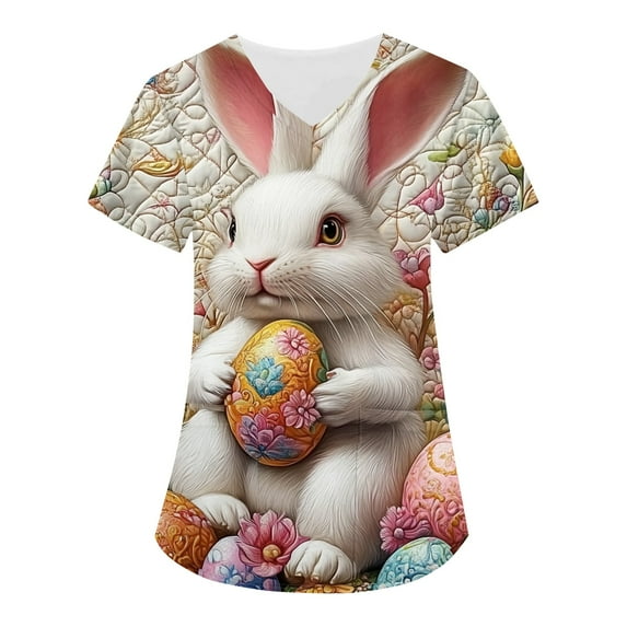 ADSSDQ Easter Scrub Tops Women Stretchy Vneck Short Sleeve Bunny Egg Hunt Print Nurse Working Uniforms with 2 Pockets Light Gray 2XL