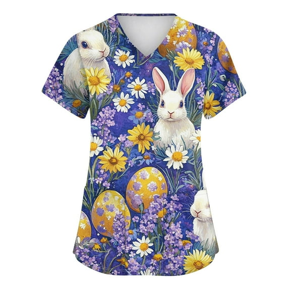 ADSSDQ Easter Scrub Tops for Women Soft Stretch V-Neck Easter Eggs Bunny Rabbit Printed Medical Scrub Top with Pockets Dark Purple XL
