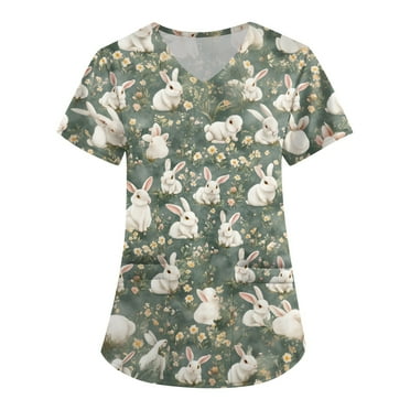 ADSSDQ Easter Scrub Tops for Women V Neck Short Sleeve Shirts Cute Bunny Print Holiday Nursing Working Uniforms with Pockets Light Green L