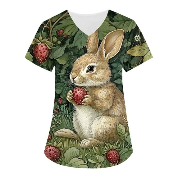 ADSSDQ Easter Scrub Tops Women Stretchy Vneck Short Sleeve Easter Rabbit Print Nurse Working Uniforms with 2 Pockets Dark Green M