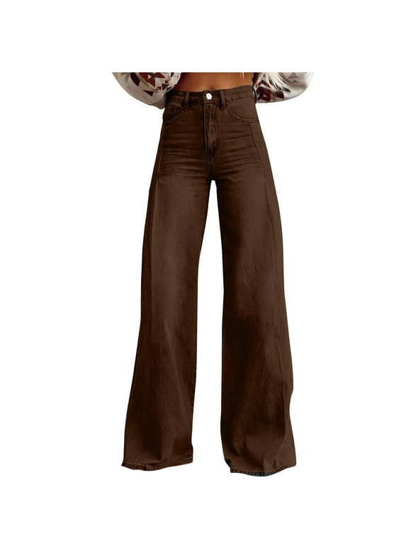 Flare Jeans for Women Vintage Wide Leg Boyfriend Baggy Stretchy High Waisted Trendy Denim Pants with Pockets Brown L