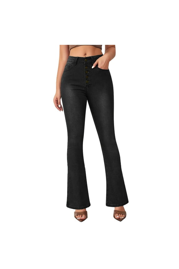 Flare Jeans for Women Women's Bootcut Bell Bottom Jeans High Waisted Stretch Slimming Button Up Denim Pants with Pockets Black 2XL
