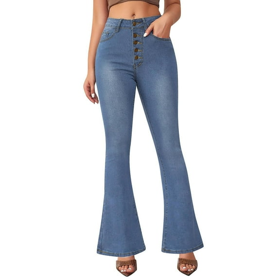 ADSSDQ Flare Jeans for Women Women's Bootcut Bell Bottom Jeans High Waisted Stretch Slimming Button Up Denim Pants with Pockets Light Blue M