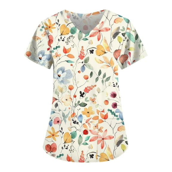 ADSSDQ Floral Printed Nursing Scrubs Shirts for Women 2024 New Fun Medical Plus Size Scrub Tops w/Pockets Beige 3XL