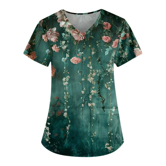 ADSSDQ Floral Printed Nursing Scrubs Shirts for Women 2024 New Fun Medical Plus Size Scrub Tops w/Pockets Dark Green 2XL