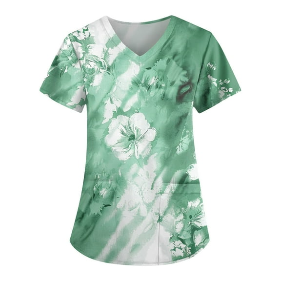 ADSSDQ Floral Printed Nursing Scrubs Shirts for Women 2024 New Fun Medical Plus Size Scrub Tops with Pockets Green S
