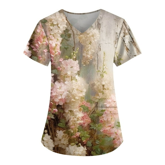 ADSSDQ Floral Printed Nursing Scrubs Shirts for Women 2024 New Fun Medical Plus Size Scrub Tops with Pockets Khaki 5XL