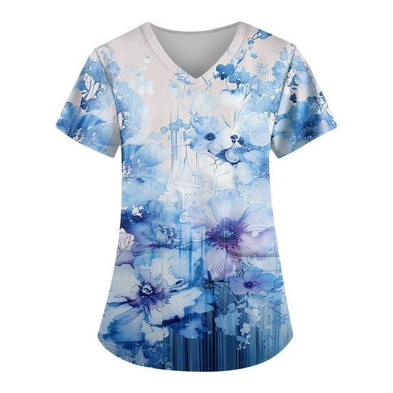 ADSSDQ Floral Printed Nursing Scrubs Shirts for Women 2024 Trendy Fun Medical Plus Size Scrub Tops with Pockets Light Blue 4XL