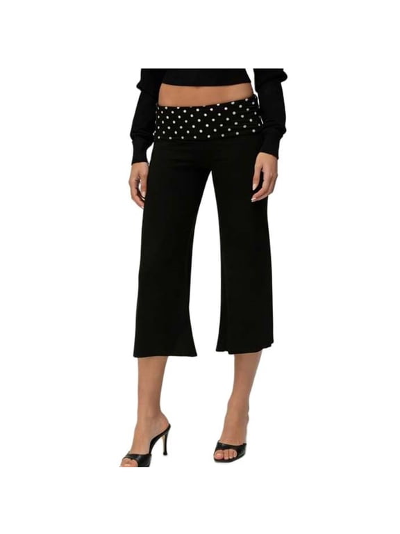 Fold Over Capri Pants Womens Low Rise Wide Leg Yoga Capris Summer Cute Going Out Flowy Pants Streetwear Black L