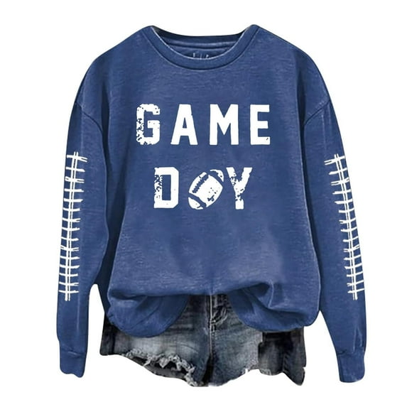 ADSSDQ Football Sweatshirts for Women Game Day Touchdown Season Sweatshirt Crewneck Rugby Graphic Hoodie Pullover Long Sleeve Casual Fall Shirts Blue L