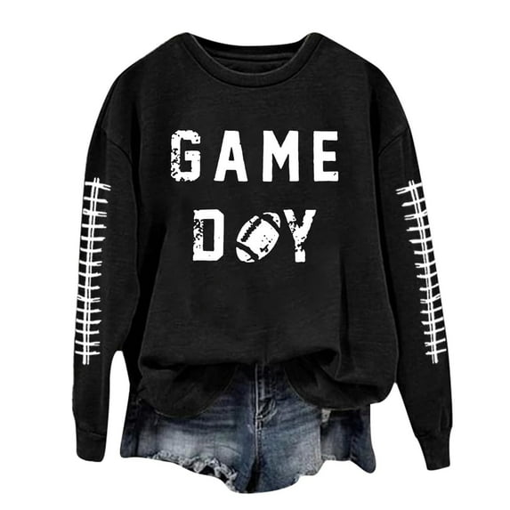 ADSSDQ Football Sweatshirts for Women Fall Workout Football Graphic Crew Neck Pullover Tops Casual Long Sleeve Game Day Hoodies Black S