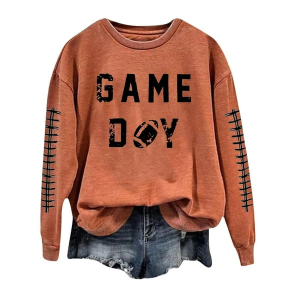 ADSSDQ Football Sweatshirts for Women Fall Workout Football Graphic Crew Neck Pullover Tops Casual Long Sleeve Game Day Hoodies Orange XL