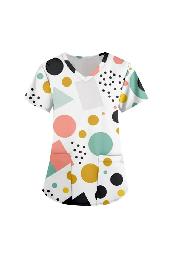 Fun Scrub Tops Women Color Dots Printed Srcubs Tops Stretch Plus Size Short Sleeve V-Neck Working Nurse Uniform with Pockets Mint Green M
