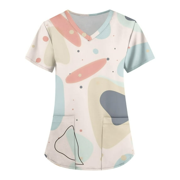 ADSSDQ Fun Scrub Tops Women Color Dots Printed Srcubs Tops Stretch Plus Size Short Sleeve V-Neck Working Nurse Uniform with Pockets Multicolor S
