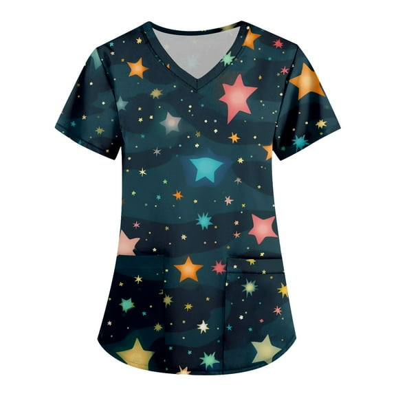 ADSSDQ Fun Scrubs for Women Color Dots Printed Srcubs Tops Stretch Plus Size Short Sleeve V-Neck Working Nurse Uniform with Pockets Dark Blue 5XL