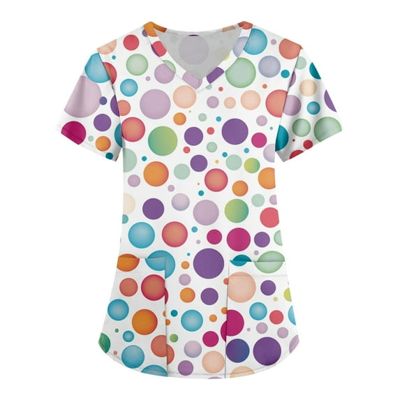 ADSSDQ Fun Scrubs for Women Color Dots Printed Srcubs Tops Stretch Plus Size Short Sleeve V-Neck Working Nurse Uniform with Pockets Orange M