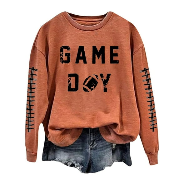 ADSSDQ Football Sweatshirts for Women Fall Workout Football Graphic Crew Neck Pullover Tops Casual Long Sleeve Game Day Hoodies Orange S