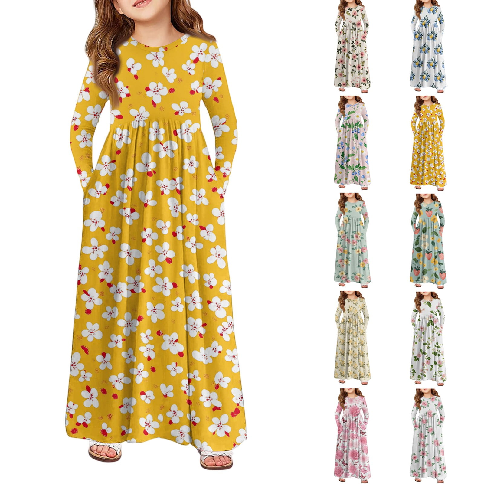 TIAFORD Women's Flowy Floral Maxi Dress - Bohemian Long Sleeve Irregular Hem Dress
