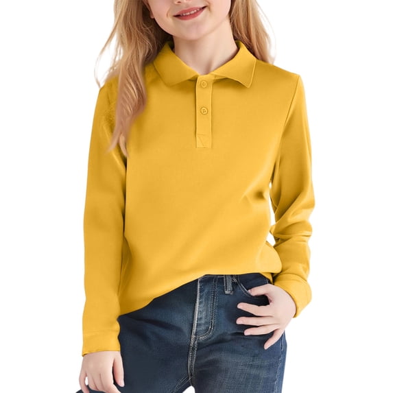 ADSSDQ Girls Long Sleeve Polo Shirts Uniform Shirts | Kids Youth Polo Shirts With 2-Button Collar, Comfortable And Soft, Casual Tops Basic Tees 5-14 Years